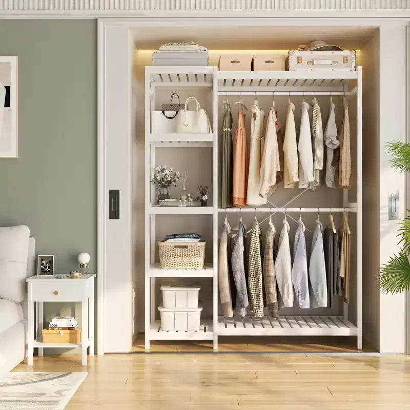 Besiost Bamboo Garment Rack with Tower Shelves, Freestanding Closet Organizer System with Hanging Rods
