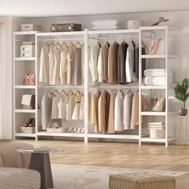 Besiost Bamboo Garment Rack with Tower Shelves, Freestanding Closet Organizer System with Hanging Rods