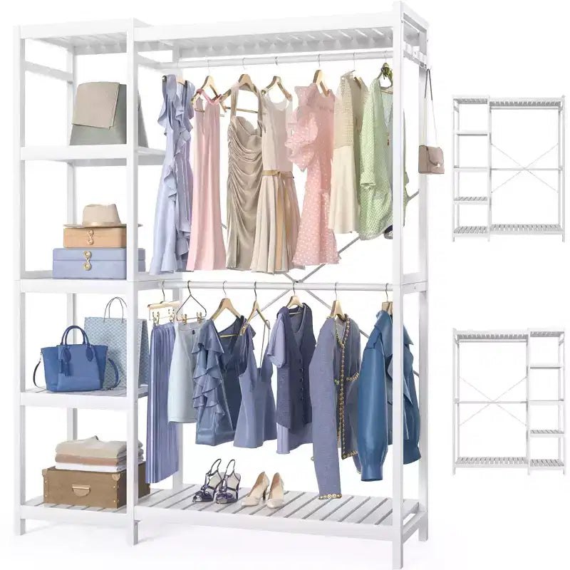 Besiost Bamboo Garment Rack with Tower Shelves, Freestanding Closet Organizer System with Hanging Rods
