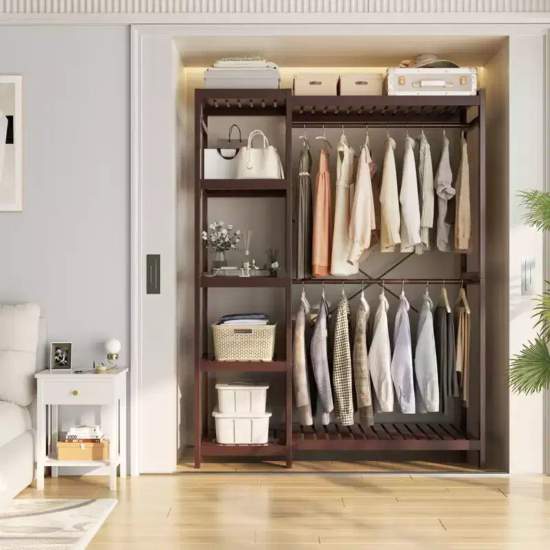 Besiost Bamboo Garment Rack with Tower Shelves, Freestanding Closet Organizer System with Hanging Rods
