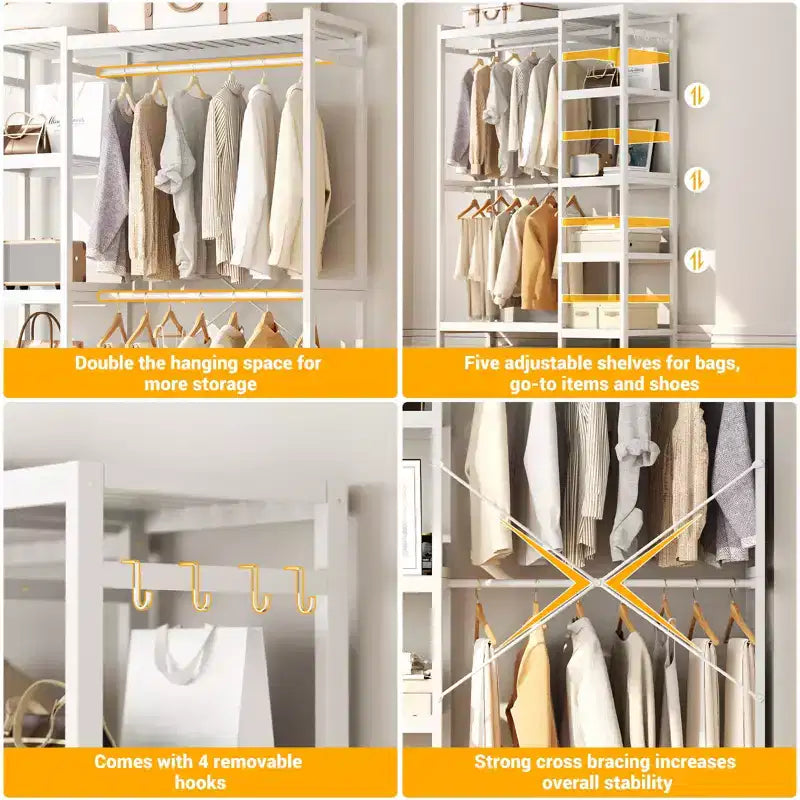 Besiost Bamboo Garment Rack with Tower Shelves, Freestanding Closet Organizer System with Hanging Rods
