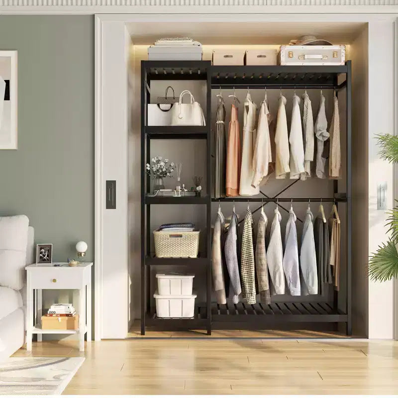 Besiost Bamboo Garment Rack with Tower Shelves, Freestanding Closet Organizer System with Hanging Rods