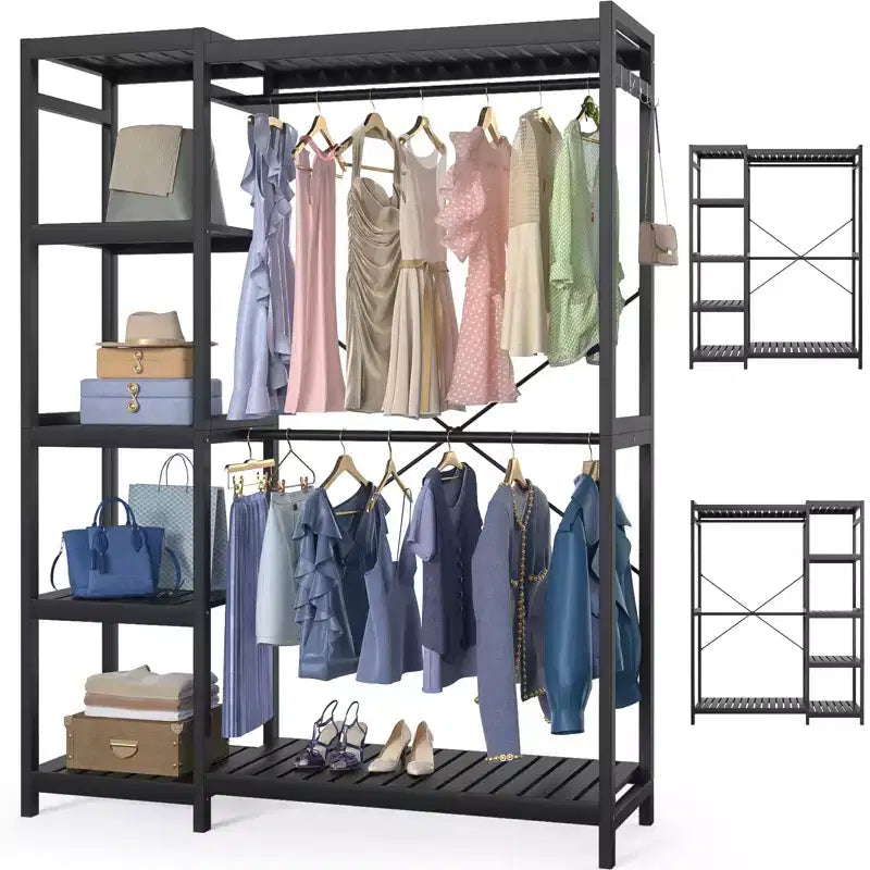 Besiost Bamboo Garment Rack with Tower Shelves, Freestanding Closet Organizer System with Hanging Rods