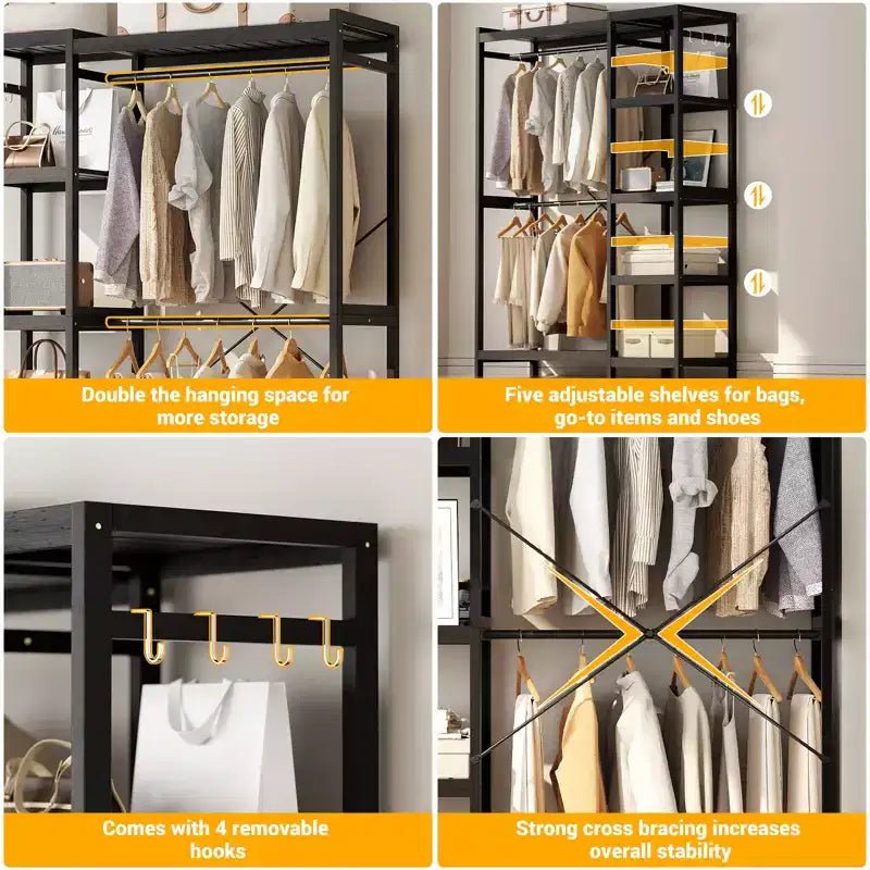 Besiost Bamboo Garment Rack with Tower Shelves, Freestanding Closet Organizer System with Hanging Rods
