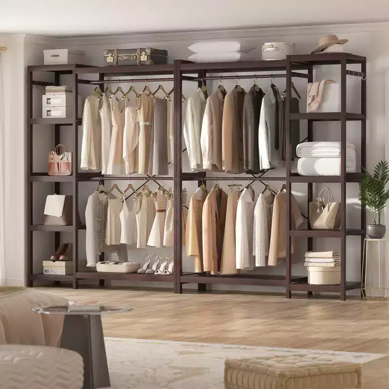 Besiost Bamboo Garment Rack with Tower Shelves, Freestanding Closet Organizer System with Hanging Rods