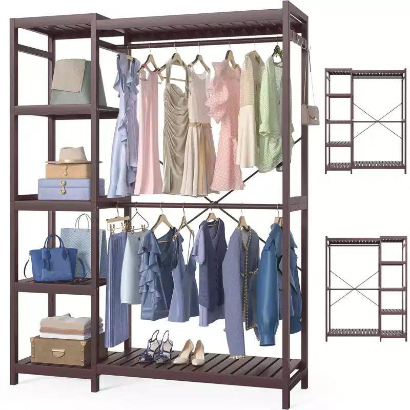 Besiost Bamboo Garment Rack with Tower Shelves, Freestanding Closet Organizer System with Hanging Rods