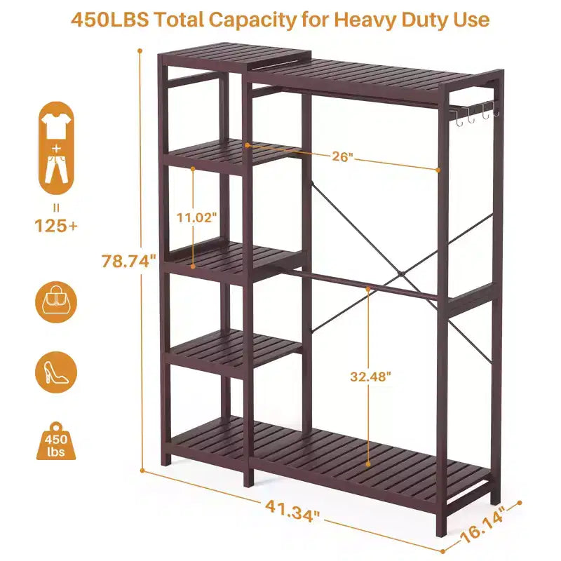 Besiost Bamboo Garment Rack with Tower Shelves, Freestanding Closet Organizer System with Hanging Rods