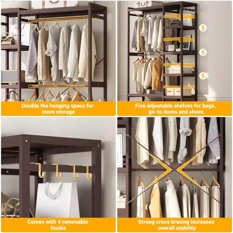 Besiost Bamboo Garment Rack with Tower Shelves, Freestanding Closet Organizer System with Hanging Rods
