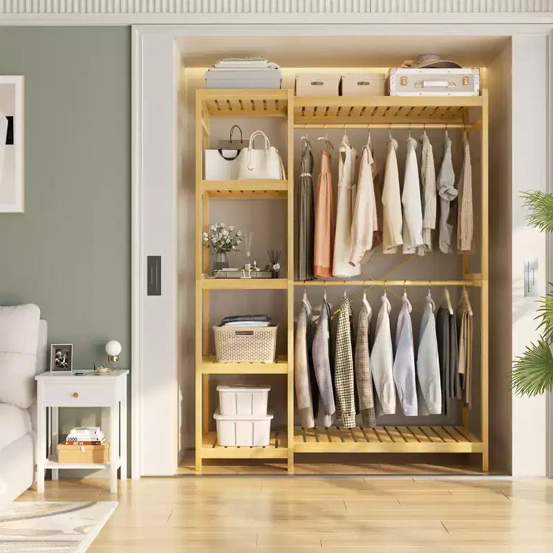 Besiost Bamboo Garment Rack with Tower Shelves, Freestanding Closet Organizer System with Hanging Rods
