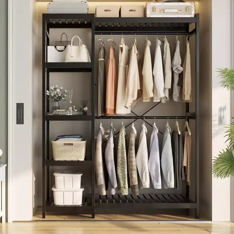 Besiost Bamboo Garment Rack with Tower Shelves, Freestanding Closet Organizer System with Hanging Rods