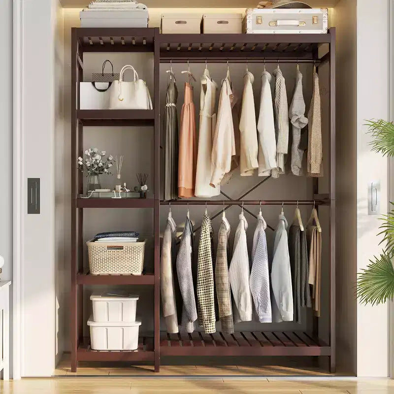 Besiost Bamboo Garment Rack with Tower Shelves, Freestanding Closet Organizer System with Hanging Rods
