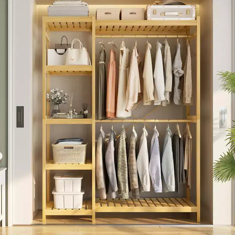 Besiost Bamboo Garment Rack with Tower Shelves, Freestanding Closet Organizer System with Hanging Rods