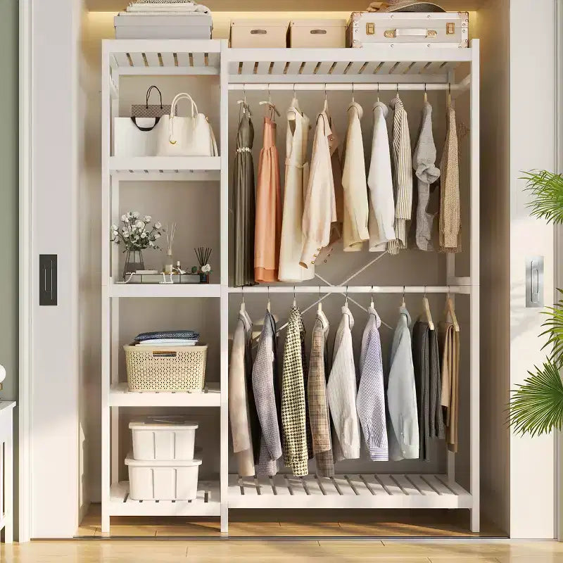 Besiost Bamboo Garment Rack with Tower Shelves, Freestanding Closet Organizer System with Hanging Rods