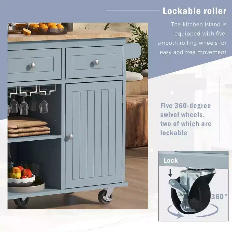 Okak Kitchen Cart with Power Outlet, Kitchen Island Table with Drop Leaf and Adjustable Storage, 5 Wheels Kitchen Island for Home, Kitchen