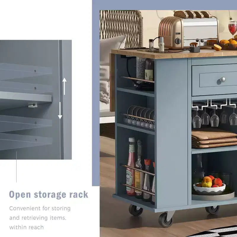 Okak Kitchen Cart with Power Outlet, Kitchen Island Table with Drop Leaf and Adjustable Storage, 5 Wheels Kitchen Island for Home, Kitchen