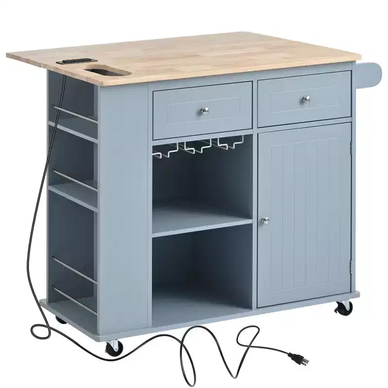 Okak Kitchen Cart with Power Outlet, Kitchen Island Table with Drop Leaf and Adjustable Storage, 5 Wheels Kitchen Island for Home, Kitchen