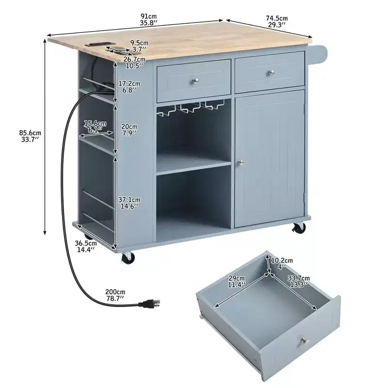 Okak Kitchen Cart with Power Outlet, Kitchen Island Table with Drop Leaf and Adjustable Storage, 5 Wheels Kitchen Island for Home, Kitchen