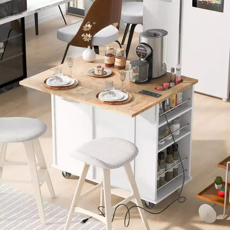 Okak Kitchen Cart with Power Outlet, Kitchen Island Table with Drop Leaf and Adjustable Storage, 5 Wheels Kitchen Island for Home, Kitchen