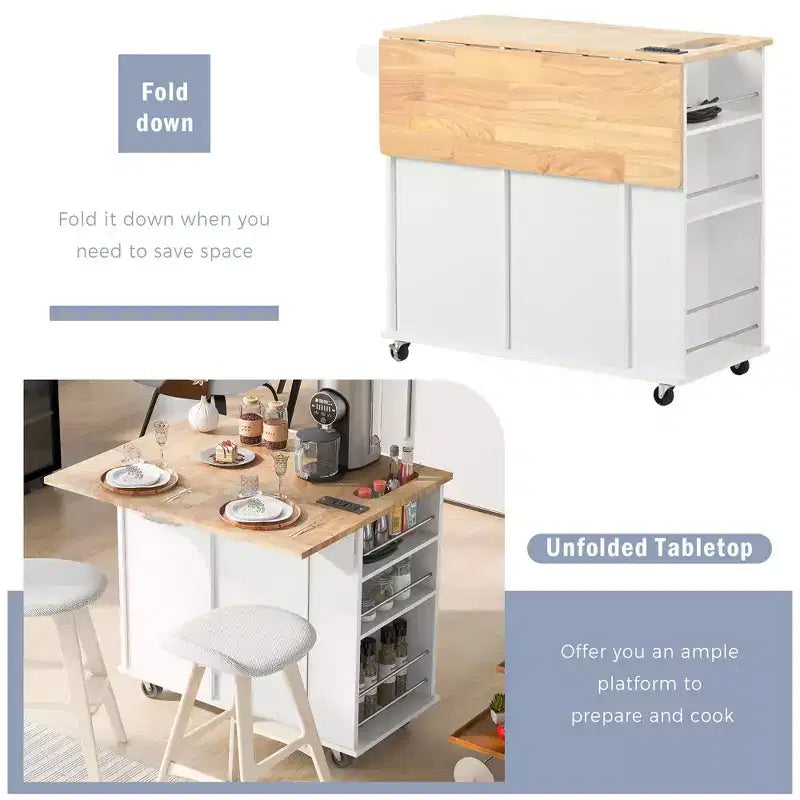 Okak Kitchen Cart with Power Outlet, Kitchen Island Table with Drop Leaf and Adjustable Storage, 5 Wheels Kitchen Island for Home, Kitchen