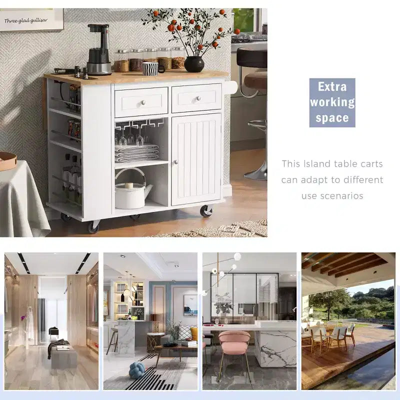 Okak Kitchen Cart with Power Outlet, Kitchen Island Table with Drop Leaf and Adjustable Storage, 5 Wheels Kitchen Island for Home, Kitchen