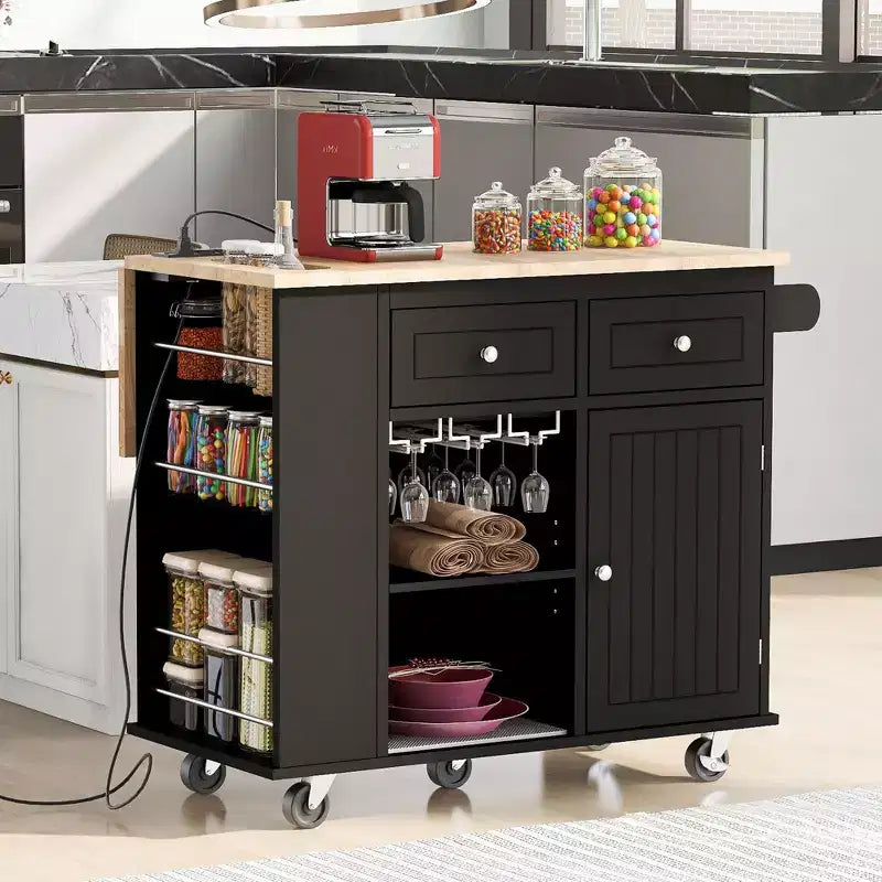 Okak Kitchen Cart with Power Outlet, Kitchen Island Table with Drop Leaf and Adjustable Storage, 5 Wheels Kitchen Island for Home, Kitchen