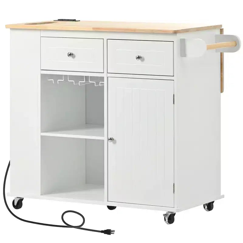 Okak Kitchen Cart with Power Outlet, Kitchen Island Table with Drop Leaf and Adjustable Storage, 5 Wheels Kitchen Island for Home, Kitchen