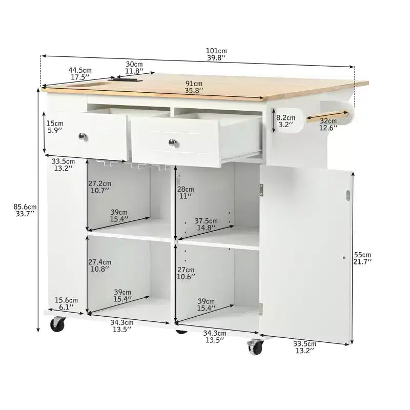 Okak Kitchen Cart with Power Outlet, Kitchen Island Table with Drop Leaf and Adjustable Storage, 5 Wheels Kitchen Island for Home, Kitchen