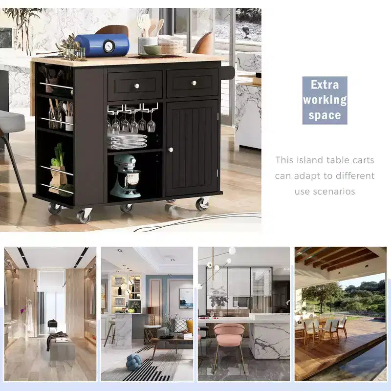 Okak Kitchen Cart with Power Outlet, Kitchen Island Table with Drop Leaf and Adjustable Storage, 5 Wheels Kitchen Island for Home, Kitchen