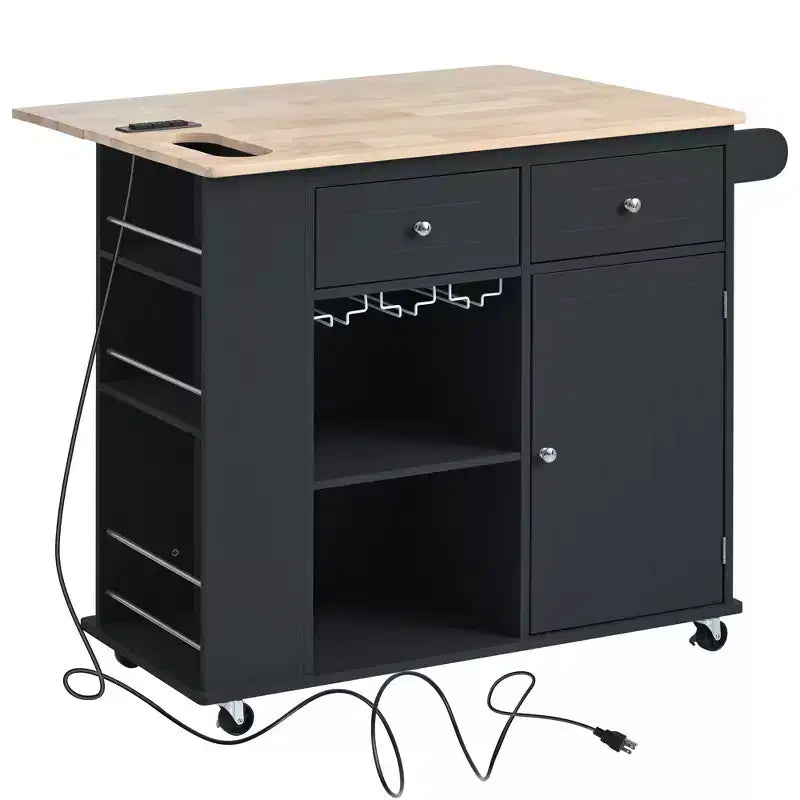 Okak Kitchen Cart with Power Outlet, Kitchen Island Table with Drop Leaf and Adjustable Storage, 5 Wheels Kitchen Island for Home, Kitchen