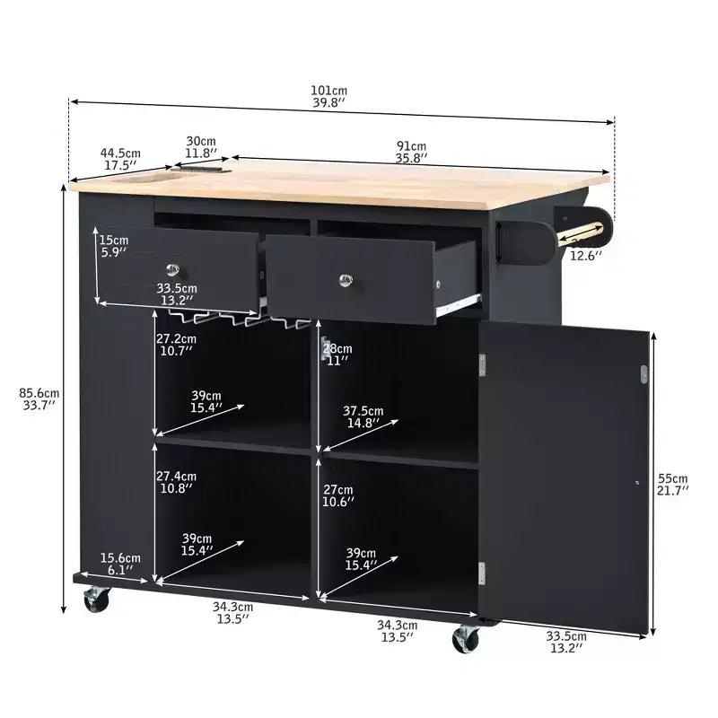 Okak Kitchen Cart with Power Outlet, Kitchen Island Table with Drop Leaf and Adjustable Storage, 5 Wheels Kitchen Island for Home, Kitchen
