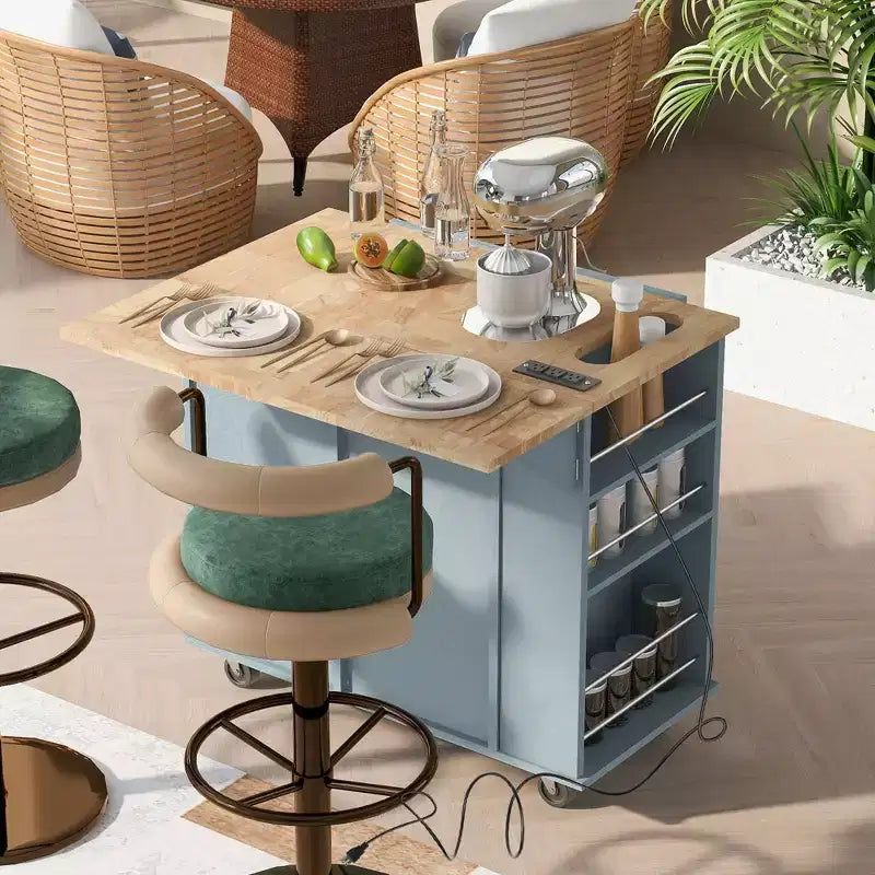 Okak Kitchen Cart with Power Outlet, Kitchen Island Table with Drop Leaf and Adjustable Storage, 5 Wheels Kitchen Island for Home, Kitchen