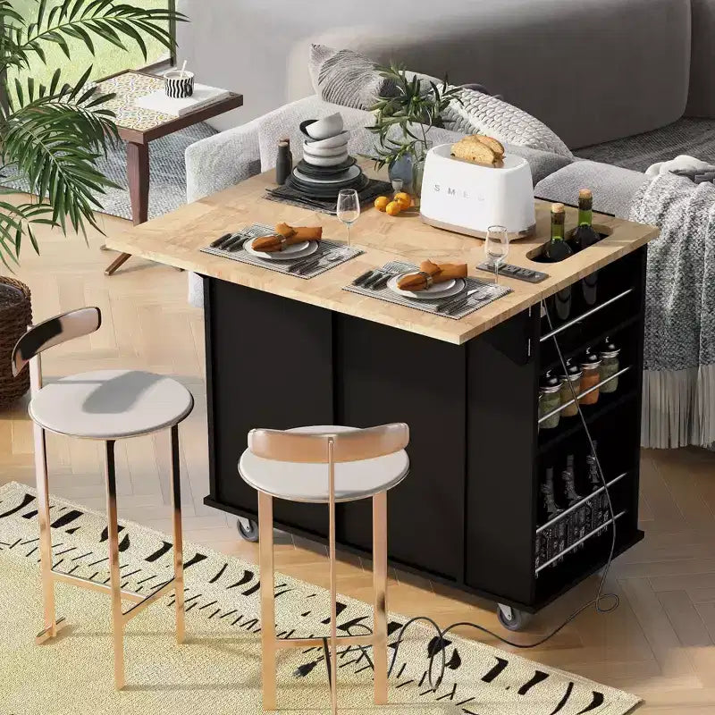 Okak Kitchen Cart with Power Outlet, Kitchen Island Table with Drop Leaf and Adjustable Storage, 5 Wheels Kitchen Island for Home, Kitchen