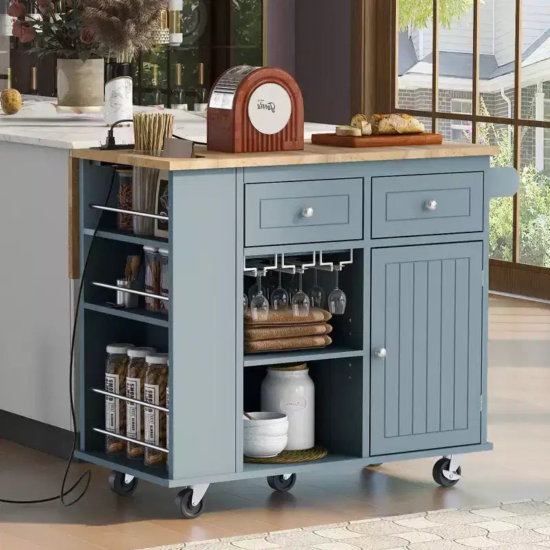 Okak Kitchen Cart with Power Outlet, Kitchen Island Table with Drop Leaf and Adjustable Storage, 5 Wheels Kitchen Island for Home, Kitchen