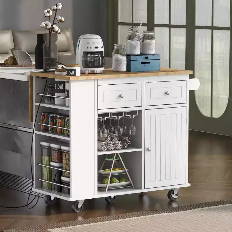 Okak Kitchen Cart with Power Outlet, Kitchen Island Table with Drop Leaf and Adjustable Storage, 5 Wheels Kitchen Island for Home, Kitchen