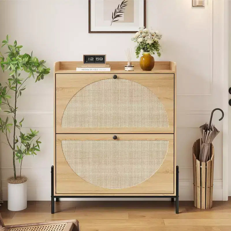 GDFStudio Ellis Rustic Rattan Freestanding Shoe Cabinet with 2 Drawer