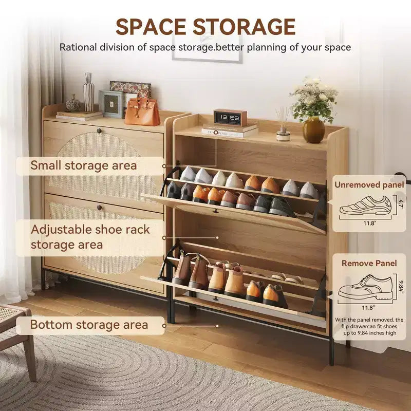 GDFStudio Ellis Rustic Rattan Freestanding Shoe Cabinet with 2 Drawer
