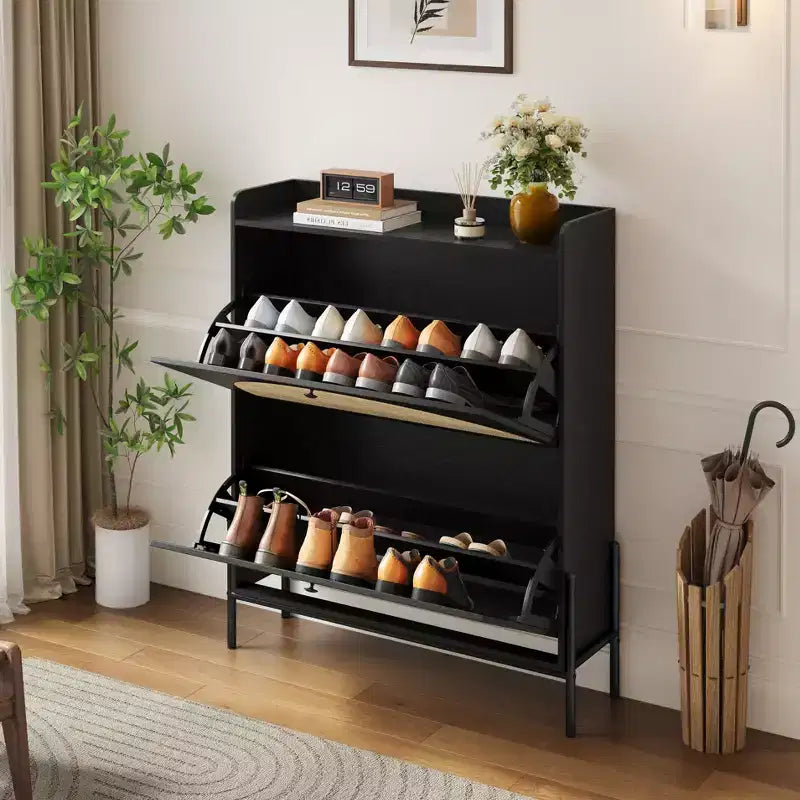 GDFStudio Ellis Rustic Rattan Freestanding Shoe Cabinet with 2 Drawer