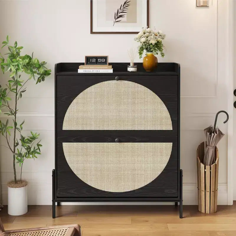 GDFStudio Ellis Rustic Rattan Freestanding Shoe Cabinet with 2 Drawer