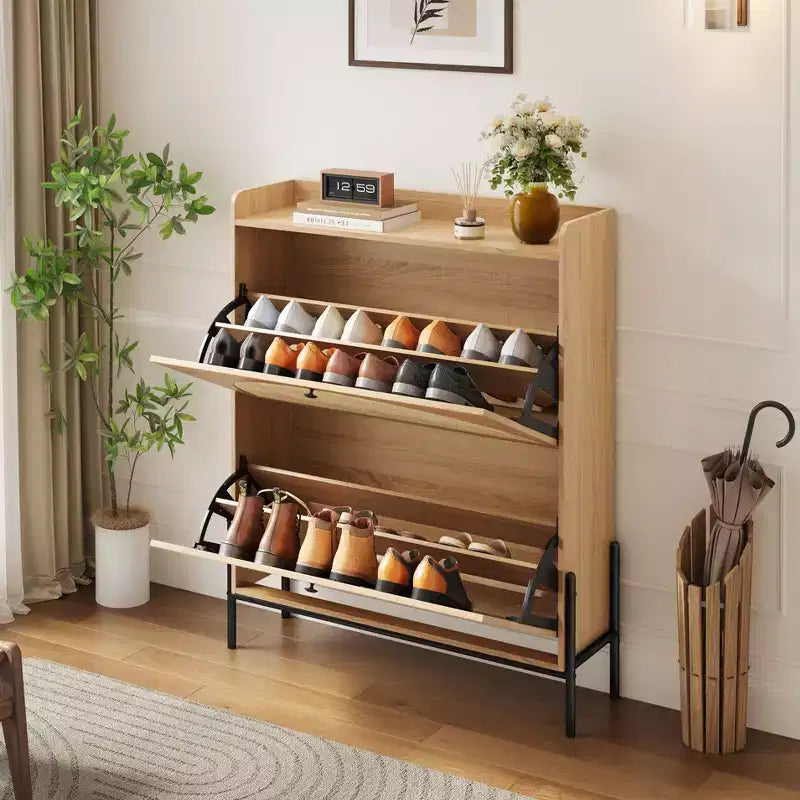 GDFStudio Ellis Rustic Rattan Freestanding Shoe Cabinet with 2 Drawer