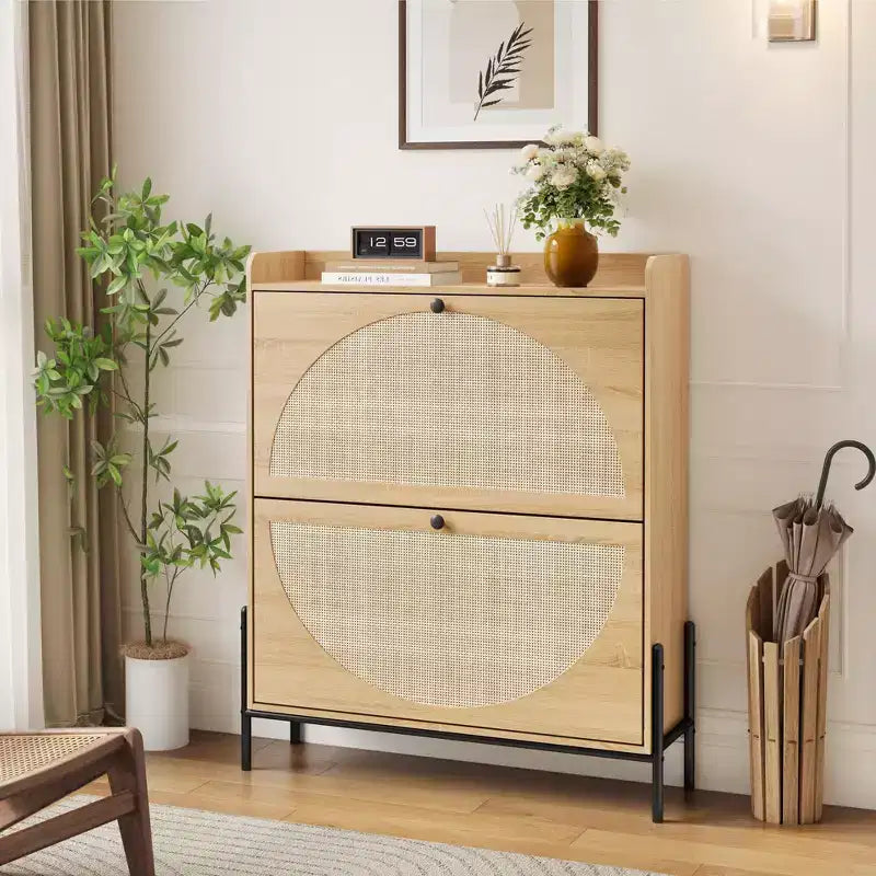 GDFStudio Ellis Rustic Rattan Freestanding Shoe Cabinet with 2 Drawer