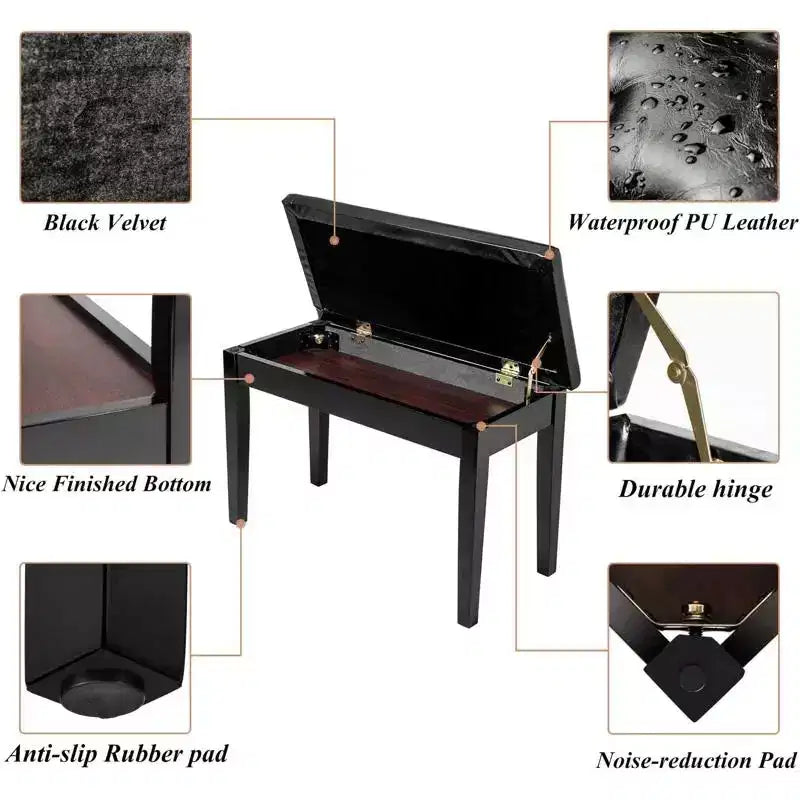 Black Button-Top Piano Bench with Adjustable Height
