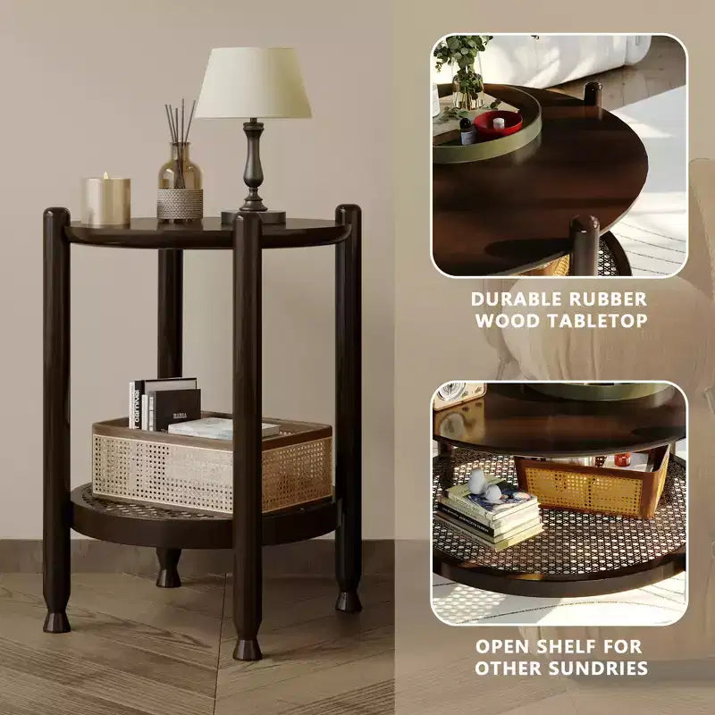 GDFStudio Grace Bohemian Solid Wood and Rattan Round 2-Tier End Table