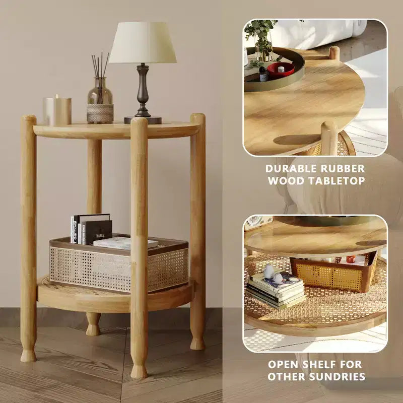 GDFStudio Grace Bohemian Solid Wood and Rattan Round 2-Tier End Table