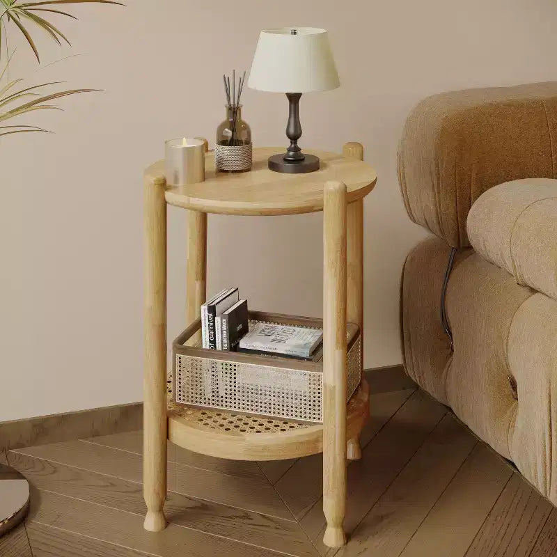 GDFStudio Grace Bohemian Solid Wood and Rattan Round 2-Tier End Table