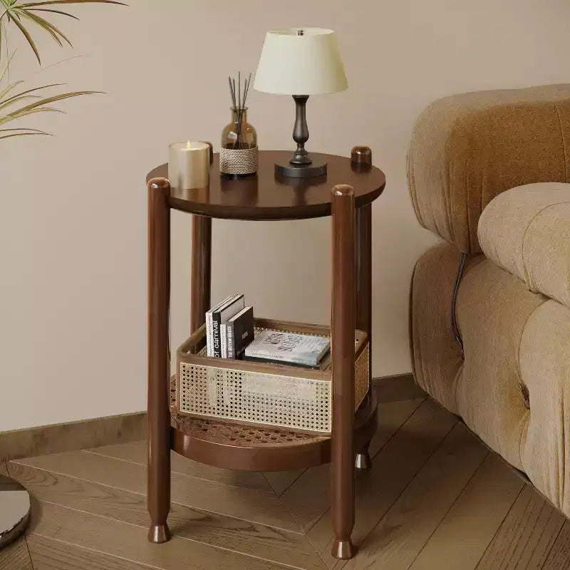 GDFStudio Grace Bohemian Solid Wood and Rattan Round 2-Tier End Table