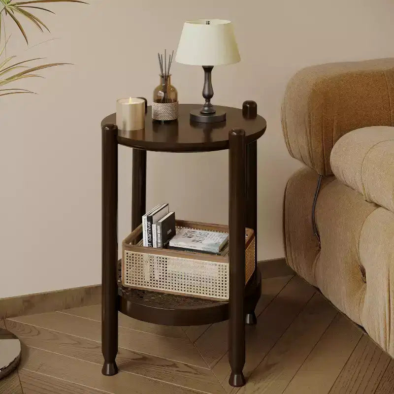 GDFStudio Grace Bohemian Solid Wood and Rattan Round 2-Tier End Table