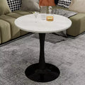 JVNOXK 27.6 Mid-Century Modern Round Coffee Table, White Faux Marble Top with Black Pedestal, Accent Table for Living Room