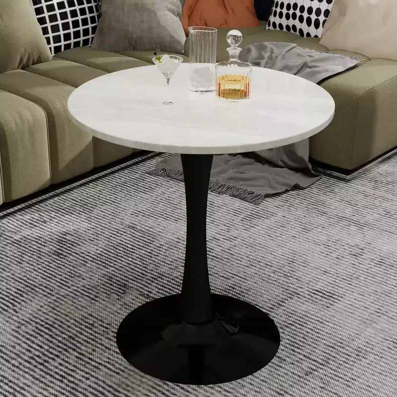 JVNOXK 27.6 Mid-Century Modern Round Coffee Table, White Faux Marble Top with Black Pedestal, Accent Table for Living Room