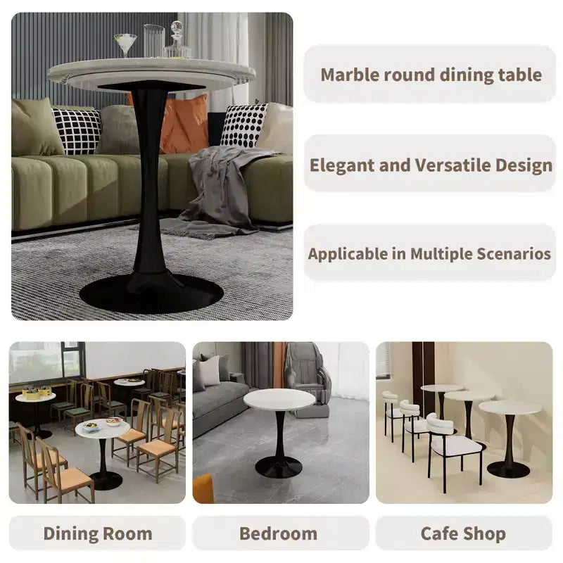 JVNOXK 27.6 Mid-Century Modern Round Coffee Table, White Faux Marble Top with Black Pedestal, Accent Table for Living Room