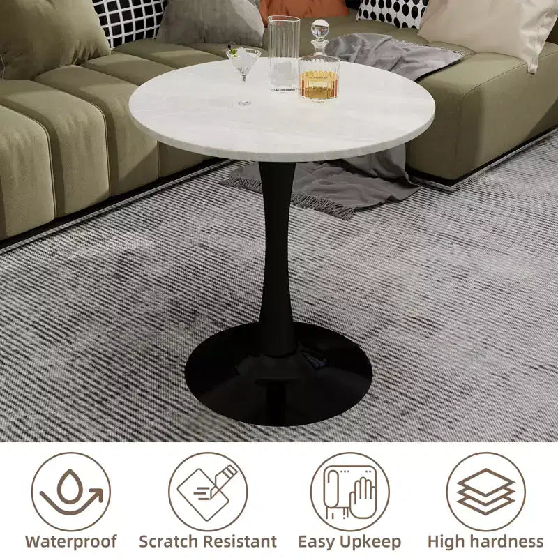 JVNOXK 27.6 Mid-Century Modern Round Coffee Table, White Faux Marble Top with Black Pedestal, Accent Table for Living Room